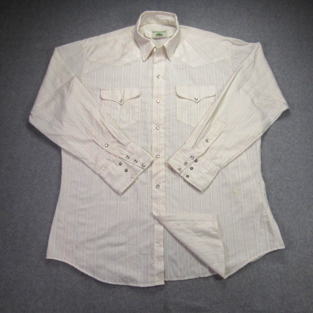 Vintage Mesquite Mens 17.5/35 Shirt White Striped Pearl Snap Western 90s READ
